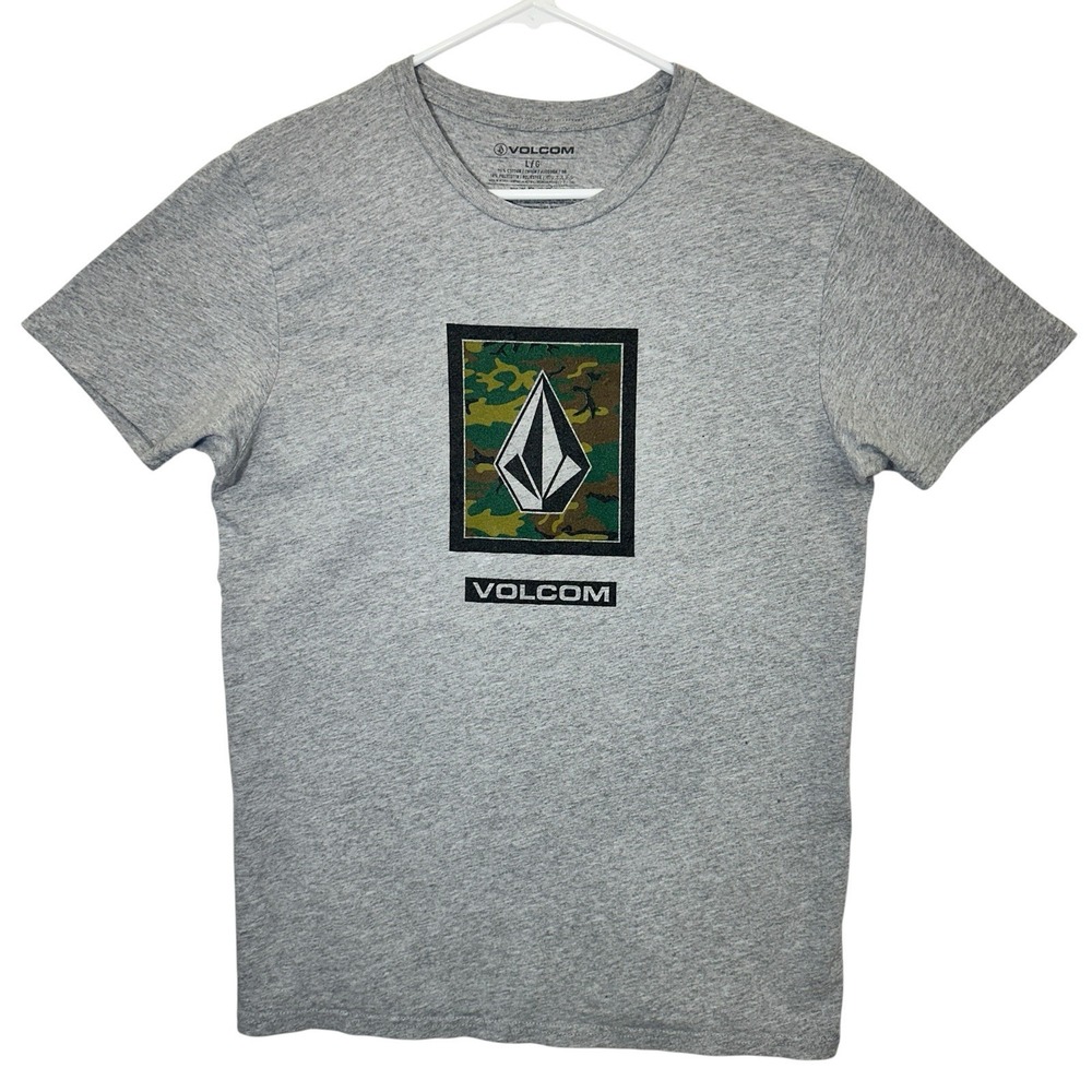 Volcom Mens Large T Shirt Gray Camo Stone Logo Graphic Skate Surf Short Sleeve